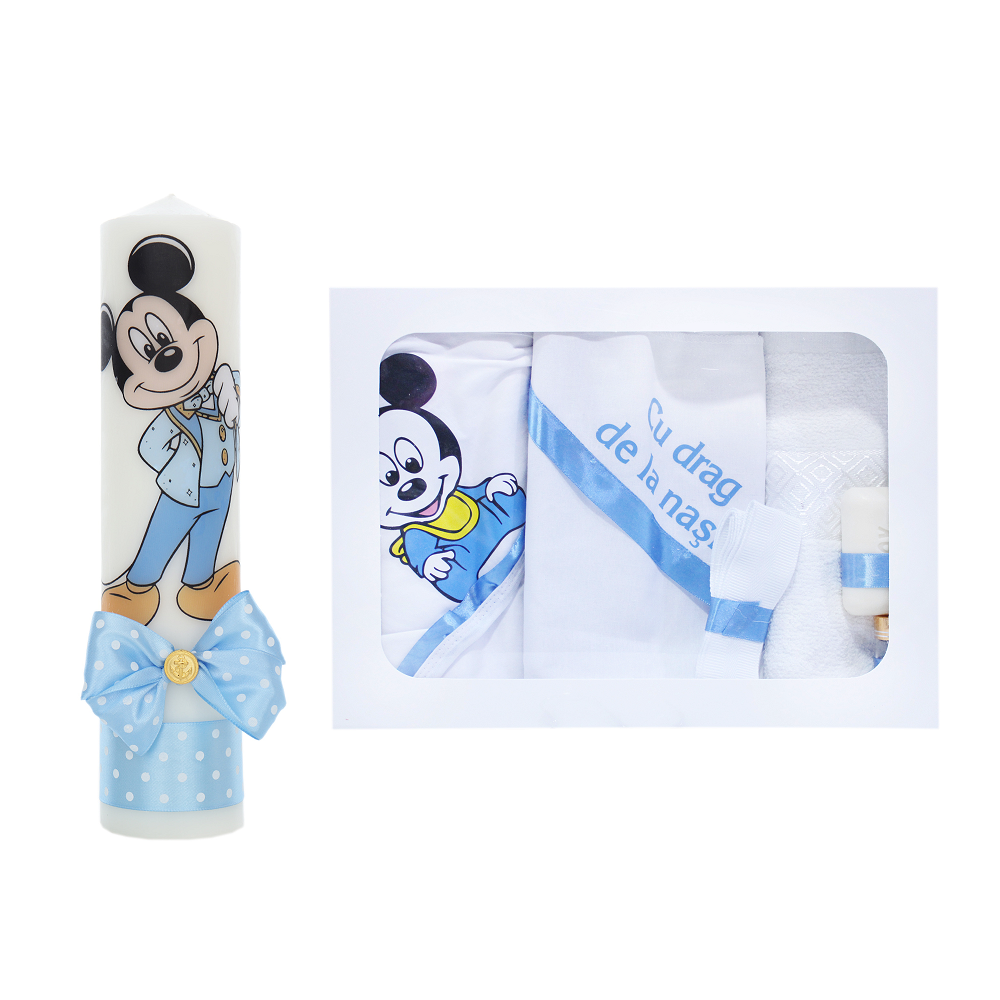 Set trusou si lumanare pentru botez, model Mickey Mouse, 7 piese, Bleu, Recostore®, REC2587