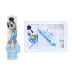 Set trusou si lumanare pentru botez, model Mickey Mouse, 7 piese, Bleu, Recostore®, REC2587