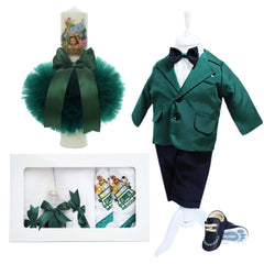 Trusou complet pentru botez de baieti, trusou brodat Safari, lumanare cu Safari, costum si pantofiori, verde, 14 piese,  Recostore®, REC2655