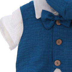 Costumas de vara din muselina pentru botez, albastru, 5 piese, camasa, papion, pantaloni, vesta, bascuta pentru baieti, REC3308