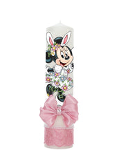 Set trusou pentru botez fete, personalizat cu Minnie Mouse, culoare roz, trusou, rochie, pantofiori si lumanare, REC3292