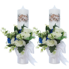 Set doua lumanari pentru nunta/cununie, design cu verighete si flori artificiale, Recostore® REC5001/71