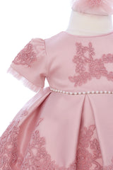 Rochie eleganta cu maneca scurta pentru botez fetita, 3 piese, rochie, bentita si botosei, REC3298