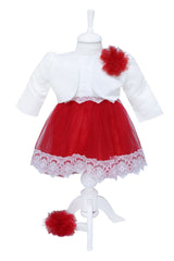 Set trusou complet pentru botez de fete, rosu, model Minnie Mouse, 12 piese, Rochita, lumanare cu Minnie, trusou brodat si pantofiori, Recostore®, REC2502