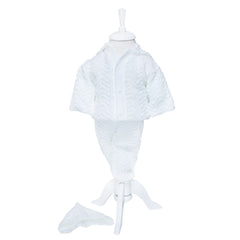 Compleu alb tricotat, 3 piese, bluza, pantaloni, caciulita, pentru bebelusi, REC1208