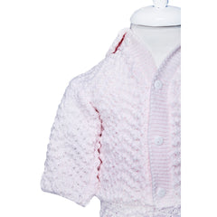 Compleu roz deschis tricotat, 3 piese, bluza, pantaloni, caciulita, pentru bebelusi, REC1207
