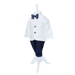 Costum alb-bleumarin pentru botez, 5 piese, camasa, papion, pantaloni cu bretele, sacou, bascuta pentru baieti, REC1139