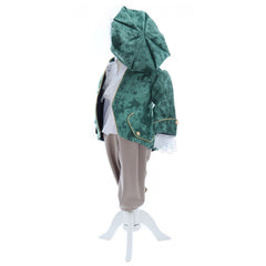 Costum elegant Micul print din Brocart de culoare verde, 5 piese, sacou, pantaloni, camasa, bascuta si botosei, REC2428