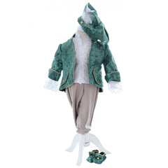 Costum elegant Micul print din Brocart de culoare verde, 5 piese, sacou, pantaloni, camasa, bascuta si botosei, REC2428