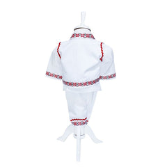 Costum popular alb-rosu, 4 piese, camasa, vesta, pantaloni, caciula, pentru baieti, REC1158