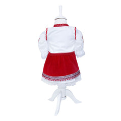 Costum popular alb-rosu, 6 piese, bluza, fusta, fota, vesta, botosi, batic pentru fetite, REC1181