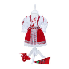Costum popular alb-rosu, 6 piese, bluza, fusta, fota, vesta, botosi, batic pentru fetite, REC1181