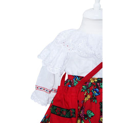 Costum popular alb-rosu din zona Maramuresului pentru botez, 4 piese, rochie, fota, traistuta, batic, REC1179