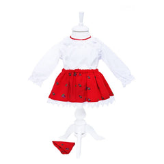 Costum popular alb-rosu stil gipsy, pentru botez, 3 piese, bluza, fusta, batic, pentru fetite, REC62
