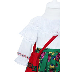 Costum popular alb-verde din zona Maramuresului pentru botez, 4 piese, rochie, fota, traistuta, batic, REC1178