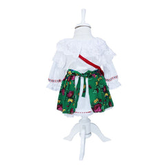 Costum popular alb-verde din zona Maramuresului pentru botez, 4 piese, rochie, fota, traistuta, batic, REC1178