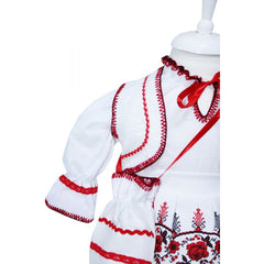 Costum popular pentru botez, alb-rosu cu motive traditionale, 6 piese, bluza, fusta, vesta, batic, botosi si vesta, pentru fete, REC1190