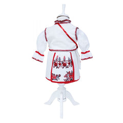 Costum popular pentru botez, alb-rosu cu motive traditionale, 6 piese, bluza, fusta, vesta, batic, botosi si vesta, pentru fete, REC1190