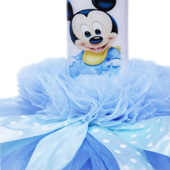 Lumanare bleu pentru botez, cu Mickey Mouse imprimat, cu volane si funda, 30x5 cm, REC141