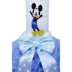 Lumanare bleu pentru botez, cu Mickey Mouse imprimat, tulle bleu si funda cu buline, 40x7 cm, REC128