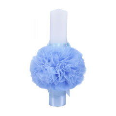 Lumanare bleu pentru botez, cu Mickey Mouse imprimat, tulle bleu si funda cu buline, 40x7 cm, REC128