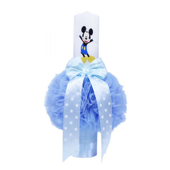 Lumanare bleu pentru botez, cu Mickey Mouse imprimat, tulle bleu si funda cu buline, 40x7 cm, REC128