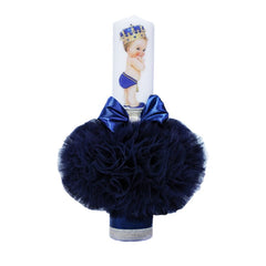 Lumanare bleumarin pentru botez, cu bebe print imprimat, tulle bleumarin si detalii aurii, 35x7 cm, REC87