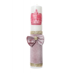 Lumanare botez accesorizata cu catifea roz pudrat si coroana, 35 cm, Recostore, REC2174