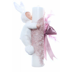 Lumanare botez cu bebelus atasat, accesorizata cu dantela roz pudrat, 30x6 cm, Recostore, REC2214