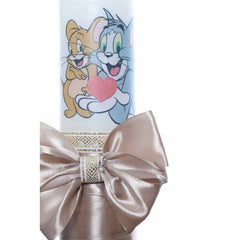 Lumanare botez cu Tom & Jerry accesorizata cu panglica crem, Recostore, REC2203