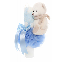 Lumanare botez cu tulle bleu tip glob si cu ursulet de plus atasat, 35x7 cm, Recostore, REC1860