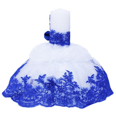 Lumanare cu funda albastra pentru botez si tulle alb, stralucitor, cu broderie albastra, 45x7 cm, REC209