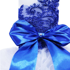 Lumanare cu funda albastra pentru botez si tulle alb, stralucitor, cu broderie albastra, 45x7 cm, REC209