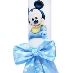 Lumanare cu funda pentru botez, cu imprimeu Mickey Mouse si panglica bleu cu buline, 30x5 cm, REC185