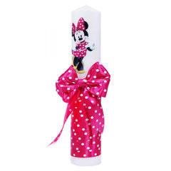 Lumanare cu funda pentru botez, cu imprimeu Minnie Mouse si panglica ciclam cu buline, 30x5 cm, REC179