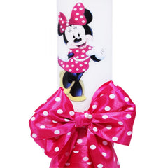 Lumanare cu funda pentru botez, cu imprimeu Minnie Mouse si panglica ciclam cu buline, 30x5 cm, REC179