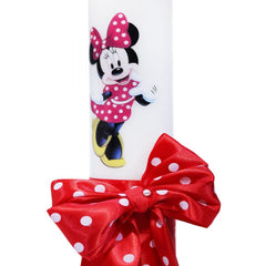 Lumanare cu funda pentru botez, cu imprimeu Minnie Mouse si panglica rosie cu buline, 30x5 cm, REC182