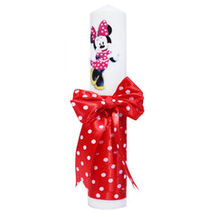 Lumanare cu funda pentru botez, cu imprimeu Minnie Mouse si panglica rosie cu buline, 30x5 cm, REC182