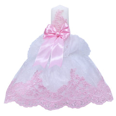 Lumanare cu funda roz pentru botez si tulle alb stralucitor si dantela roz,  45x7 cm, REC1448