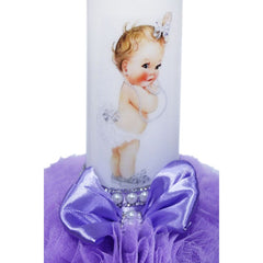 Lumanare mov pentru botez, cu bebe printesa imprimata, tulle mov si perle, 35x7 cm, REC78