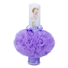 Lumanare mov pentru botez, cu bebe printesa imprimata, tulle mov si perle, 35x7 cm, REC78