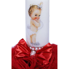 Lumanare rosie pentru botez, cu bebe printesa imprimata, tulle rosu si perle, 35x7 cm, REC79