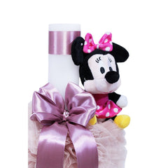 Lumanare roz pudrat pentru botez, cu jucarie Minnie aplicata, tulle roz pudrat si funda, 35x5 cm, REC102