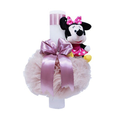 Lumanare roz pudrat pentru botez, cu jucarie Minnie aplicata, tulle roz pudrat si funda, 35x5 cm, REC102