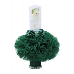 Lumanare tip glob cu bebe printesa pentru botez, tulle verde si fundita, 35x7 cm, REC1459