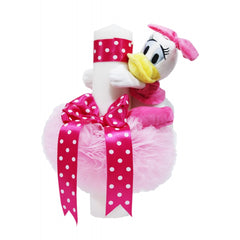 Lumanare tip glob cu Daisy Duck pentru botez, tulle roz si fundita ciclam, 40x7 cm, REC1458