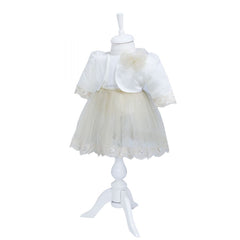 Rochie alb-ivoire cu volane din tulle si aplicatii din broderie si perle pentru botez, 3 piese, rochie, bolero, bentita, REC343