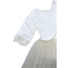 Rochie alb-ivoire cu volane din tulle si aplicatii din broderie si perle pentru botez, 3 piese, rochie, bolero, bentita, REC343