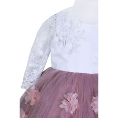 Rochie alb-roz pudrat cu aplicatii florale decorative pentru botez, 2 piese, rochie, bentita, REC835