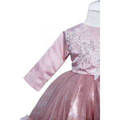 Rochie de culoare roz pudrat din satin si tulle pentru botez, 2 piese, rochita si bentita, REC1173